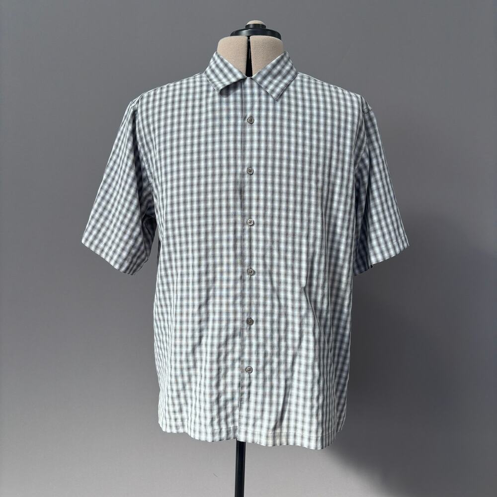 Oxide Mens 2000s White and Gray Plaid Short Sleeve Button Front XL